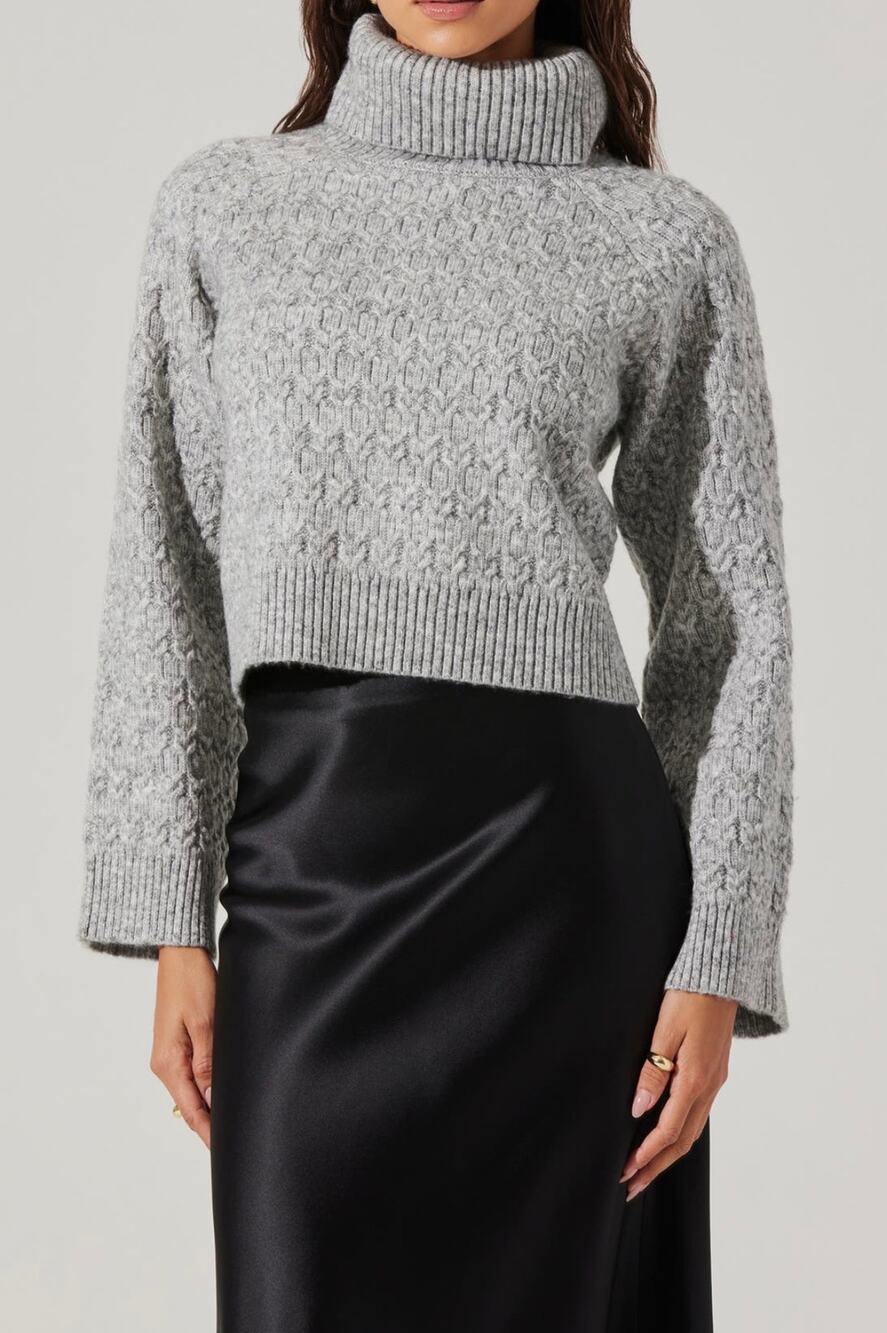 Wool Blend Preppy Cable Knit Textured Astr the Label Cropped Turtle Neck Sweater